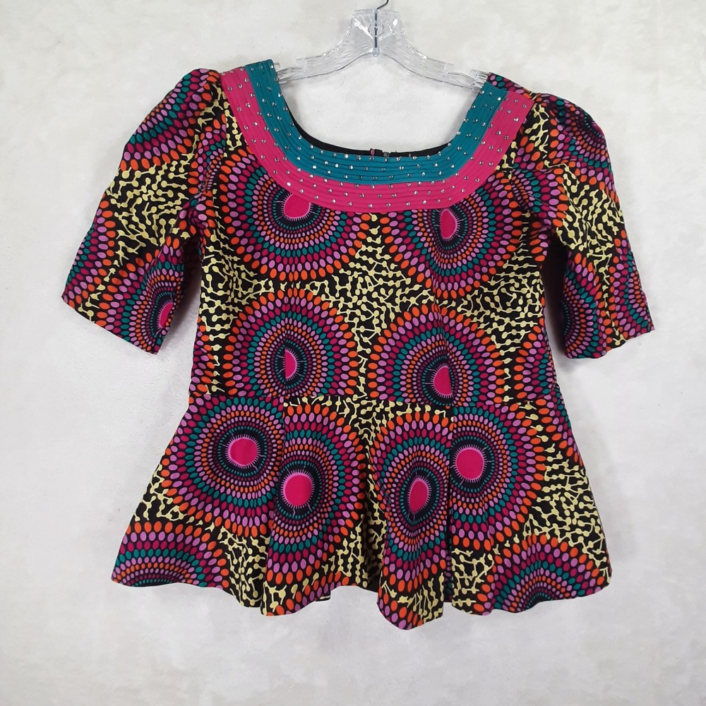 Handmade Ankara Peplum Top Vibrant African Print Sequin Blouse Multi Color
